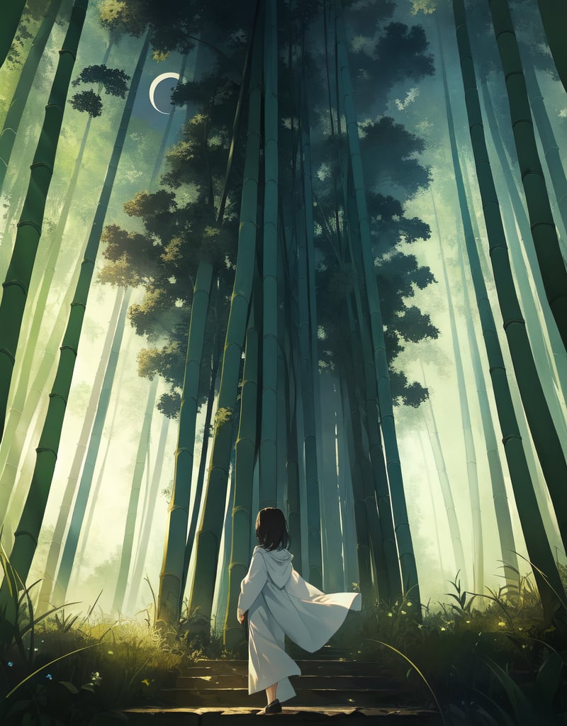 (Masterpiece, Top Quality), High Definition, Artistic Composition, 1 girl, Animation, white kimono, standing, from below, quiet, big moon, night, bamboo forest, striking light, dramatic, low saturation, from front