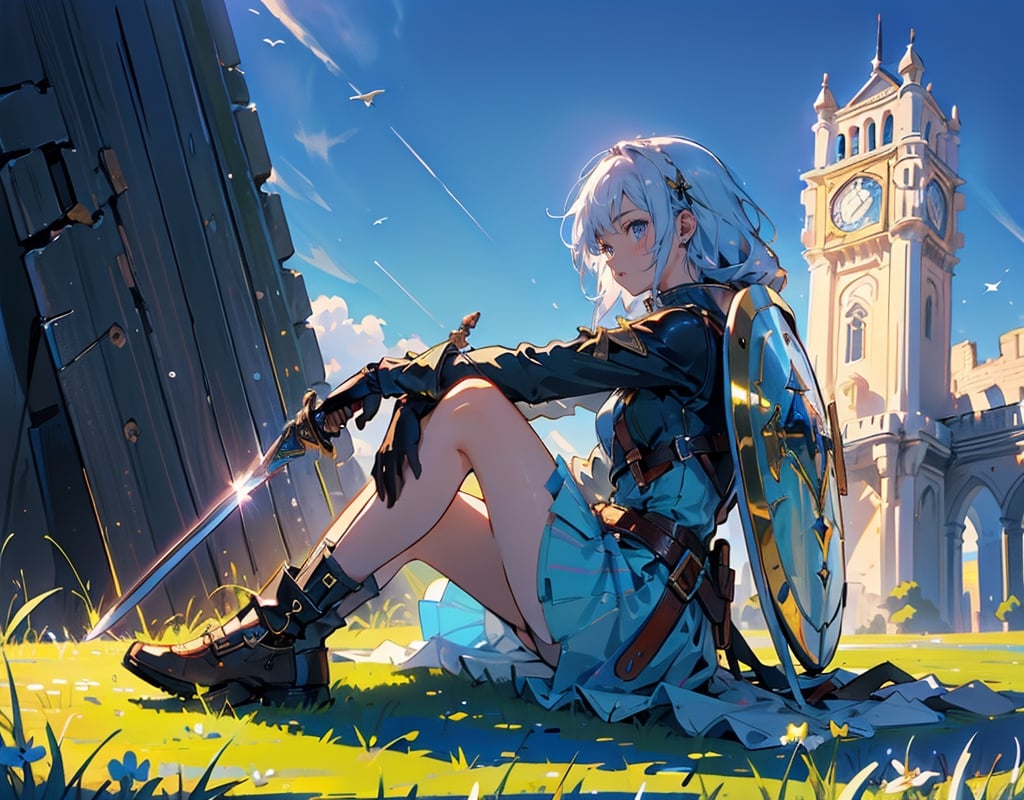 masterpiece, top quality, high definition, artistic composition, 1 girl, fantasy, warrior, (tired), resting, looking up to the heavens, hugging own legs, leaning on a large package, large sword resting, large shield resting, meadow, blue sky, ruins, from the side
