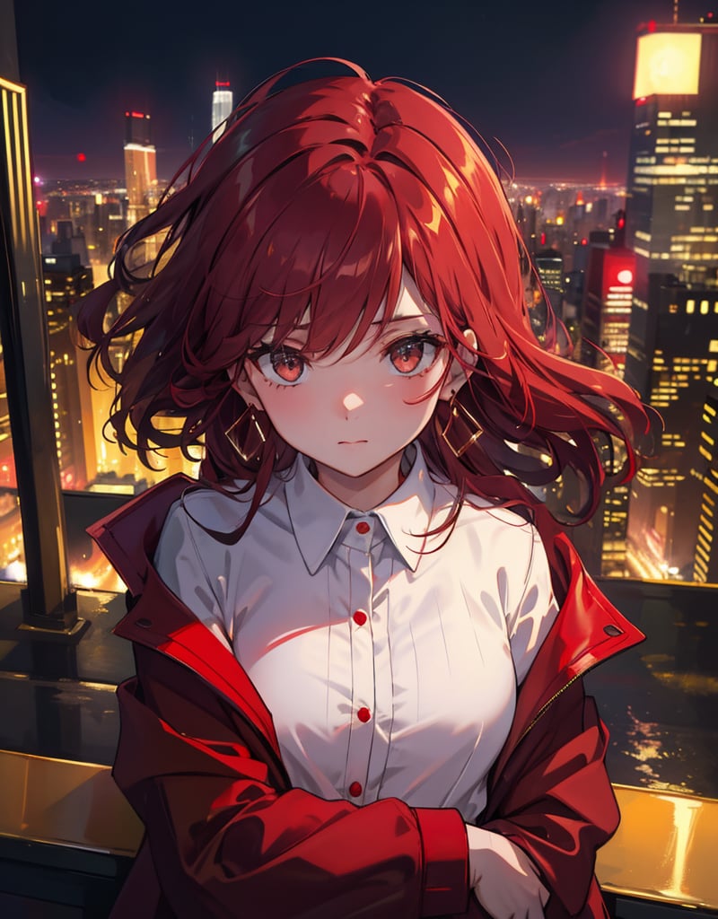 Masterpiece, top quality, high definition, artistic composition, 1 girl, angry, arms crossed, from above, from front, close-up of face, red rouge, golden earrings, dark green jacket, white shirt, night city, city lights, bold composition, powerful