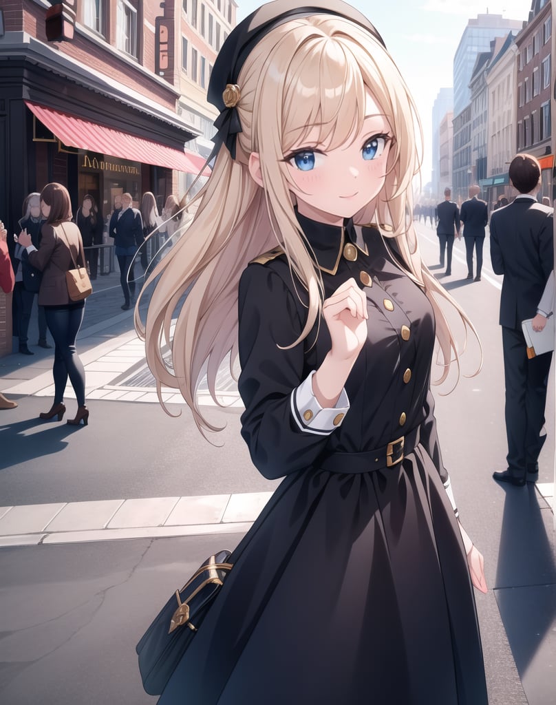 Masterpiece, Top Quality, High Definition, Artistic Composition,1 girl, head bowed in greeting, squinting and smiling, city boulevard, POW, Dutch angle, girlish gesture, cute, looking at me, standing, hands together, from above