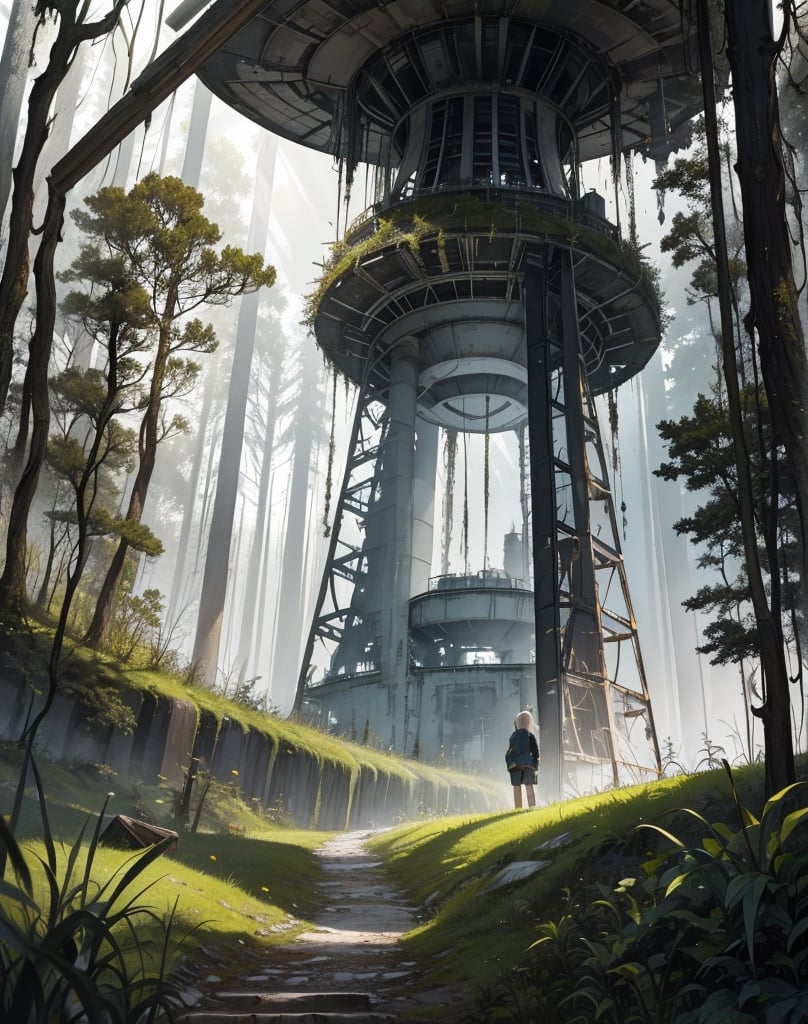 masterpiece, top quality, high definition, artistic composition, animation, deep mossy forest, 1 woman, researcher, investigating, in forest, open-mouthed, surprised, Chernobyl, ruins of nuclear power plant visible beyond forest, striking light, perspective, looking away