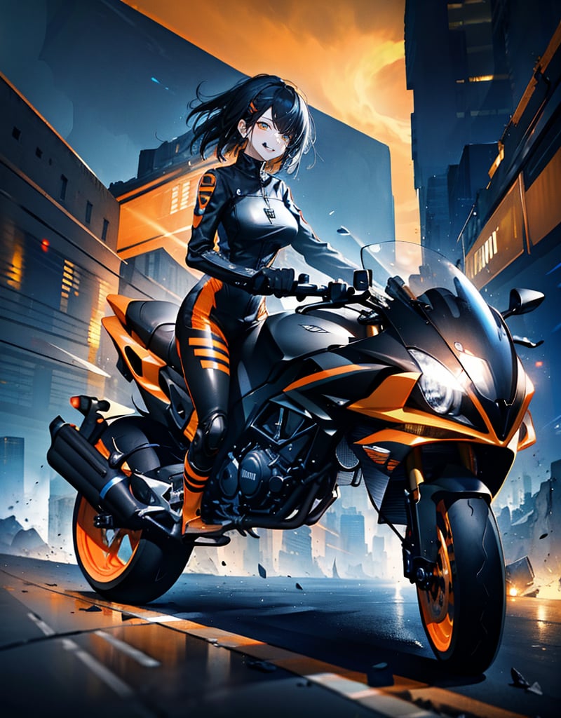 (masterpiece, top quality), high definition, artistic composition, 1 woman, black hair, smiling, driving a large motorcycle, black and blue rider suit, black and orange motorcycle, futuristic, front view, dynamic, Fast, Ruined City, Crumbling Buildings, Bold Composition, Dutch Angle, Science Fiction, Motion Blur, Perspective