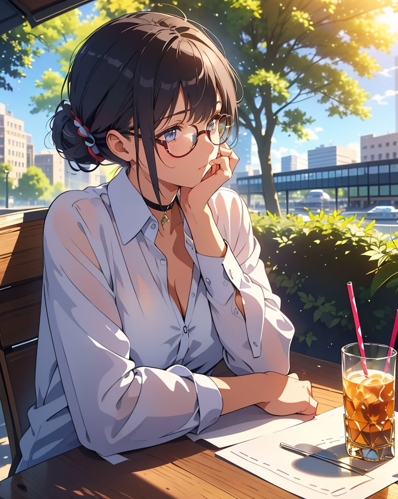 (masterpiece, top quality), high definition, artistic composition, 1 woman, cutter shirt, loose collar, hair tied back, cool glasses, open cafe, drinking water from an ice glass, taking a break, shady tree, urban landscape, summer, portrait, sweating, on table Handkerchief on table, taking a break at work, looking away