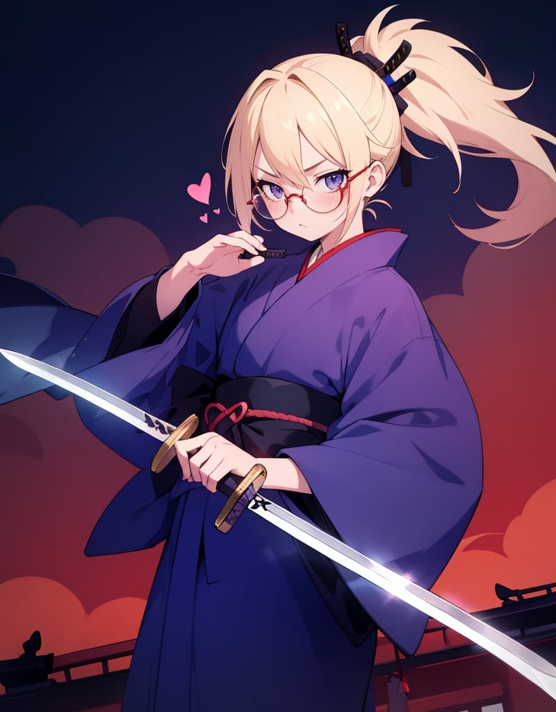 (Masterpiece, Top Quality), High Definition, Artistic Composition, 1 Girl, Animation, Blonde Hair, Inverted Ponytail, Samurai, Indigo Dyed Kimono, Japanese Sword, Serious Face, Glasses, Make a Heart with Own Hands, Crowded, Night City, Impressive Light, High Contrast