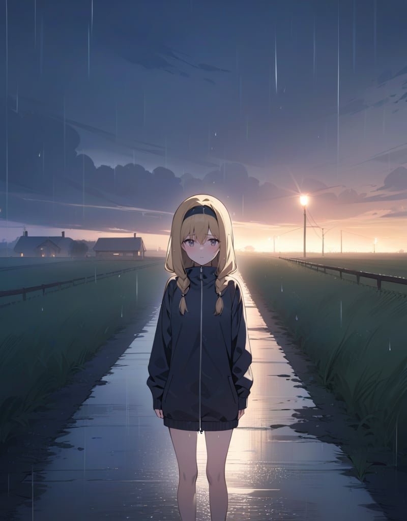 (Masterpiece, Top Quality), High Definition, Artistic Composition, 1 girl, dusk, raining, standing, wet in the rain, blonde hair, braids, large hair band, from the front, country road, incandescent electric light, striking light, cold, lonely, sad, large field