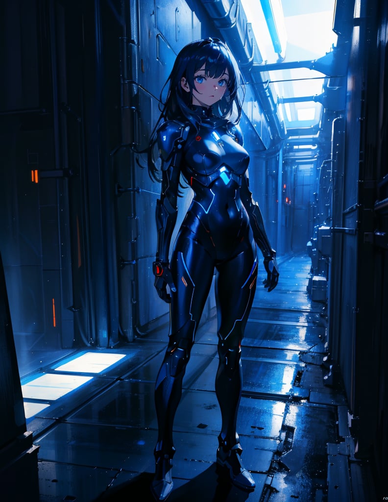 Masterpiece, Top Quality, High Definition, Artistic Composition, 1 Girl, Black Combat Bodysuit, Android Style Armor, Shining Blue, Steel, Near Future, Science Fiction, Frontal Composition, Nioi, Darkness, Blending Into Darkness, Perspective, Wide Shot, Dark Warehouse