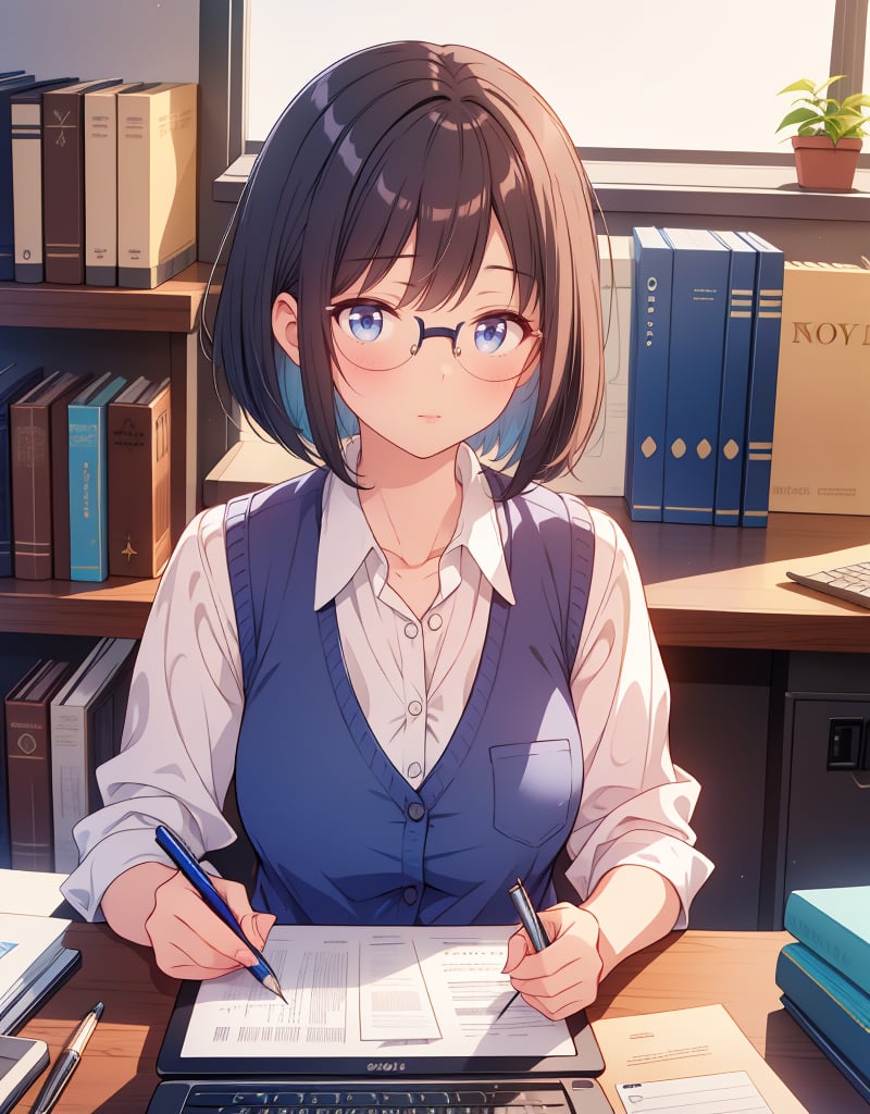 (masterpiece, top quality), high definition, artistic composition, 1 female, childlike, expressionless, large dark rimmed glasses, straight hair, bob cut, operating laptop, looking at me, sitting at desk, office, blue office vest, cutter shirt, somber, desk job, pen and slip on desk at work, 