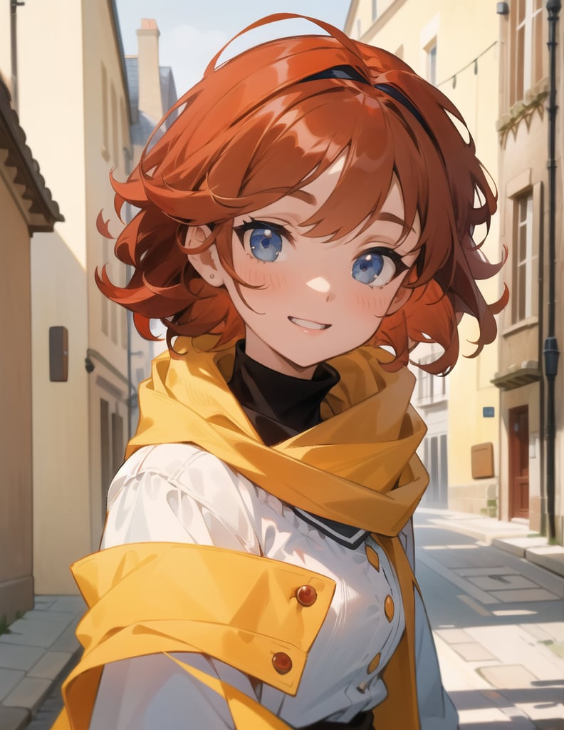 Masterpiece, Top Quality, High Definition, Artistic Composition,1 Girl, French Girl, (light brown medium hair), One Curl Outer Winding, (red hair band), big eyes, smiling, red and yellow French casual, yellow scarf, French town, walking, portrait, blue eyes, cowboy shot.