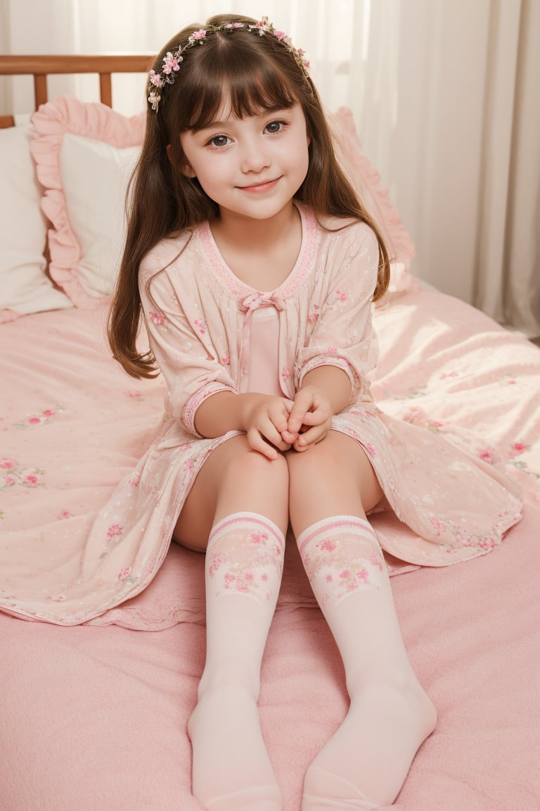 Softly lit childhood innocence: a young girl's gentle smile and rosy cheeks radiate under warm natural light as she sits with legs splayed open, delicate flower-patterned nightwear petals glistening in the subtle glow. A flowing nightwear swirls around her, whimsical atmosphere amplified by knee-high socks on her calves, capturing the playful sweetness of child.