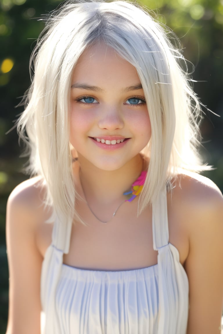 High detaild images sharpness, beautiful face, masterpiece, 8k, HDR, hyperrealistic, Masterpiece, photorealistic, RAW photo, best quality, (sharp:1),high-resolution photograph, Full body view of  11 yo little tween girl, tween girl, white hair, smiling face, blue eyes, blush, blushed, blushing, pale white skin,slender girl, beautiful face, masterpiece, 8k, HDR, hyperrealistic, beautiful face, perfect body, happy, smile, fun, childish hippie wear, wearing only a Hippie dress, smile, petite, lolicon, cute, sweet, pov, stunning use of shadows, in the syle of crisp lines and forms, UHD, shot on a Sony A7III --ar 1:2 --style raw --stylize 250,csr style,High detaild images sharpness, beautiful face, masterpiece, 8k, HDR, hyperrealistic,  photorealistic, RAW photo, best quality,tween girl body by David Dubnitskiy,Detailedface