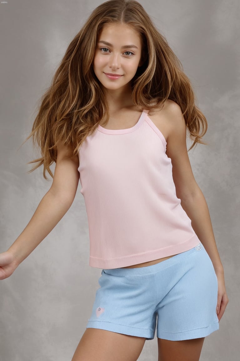 A serene young girl with a cascade of brown locks framing her heart-shaped face, gazes directly into the viewer's eyes. Her bright brown orbs sparkle with a subtle smile playing on her lips, which are painted a gentle pink. She stands confidently, her arms relaxed by her sides, wearing a crisp white shirt and shorts, paired with sleek sneakers. The gradient background subtly shifts from a warm beige to a soft blue, creating an inviting atmosphere.