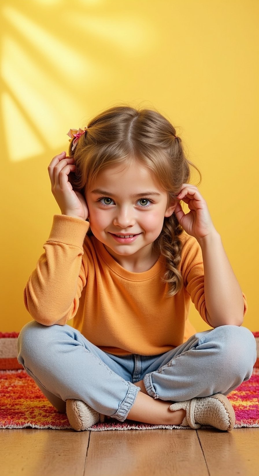 A tween girl posing playfully, her fitted clothing accentuating a cheeky charm. Framed against a bright, sunny background with soft, golden lighting casting a warm glow. She sits cross-legged on a colorful rug, one hand holding a stuffed animal, the other playing with her curly locks. A mischievous grin spreads across her face, and her eyes sparkle with youthful energy.