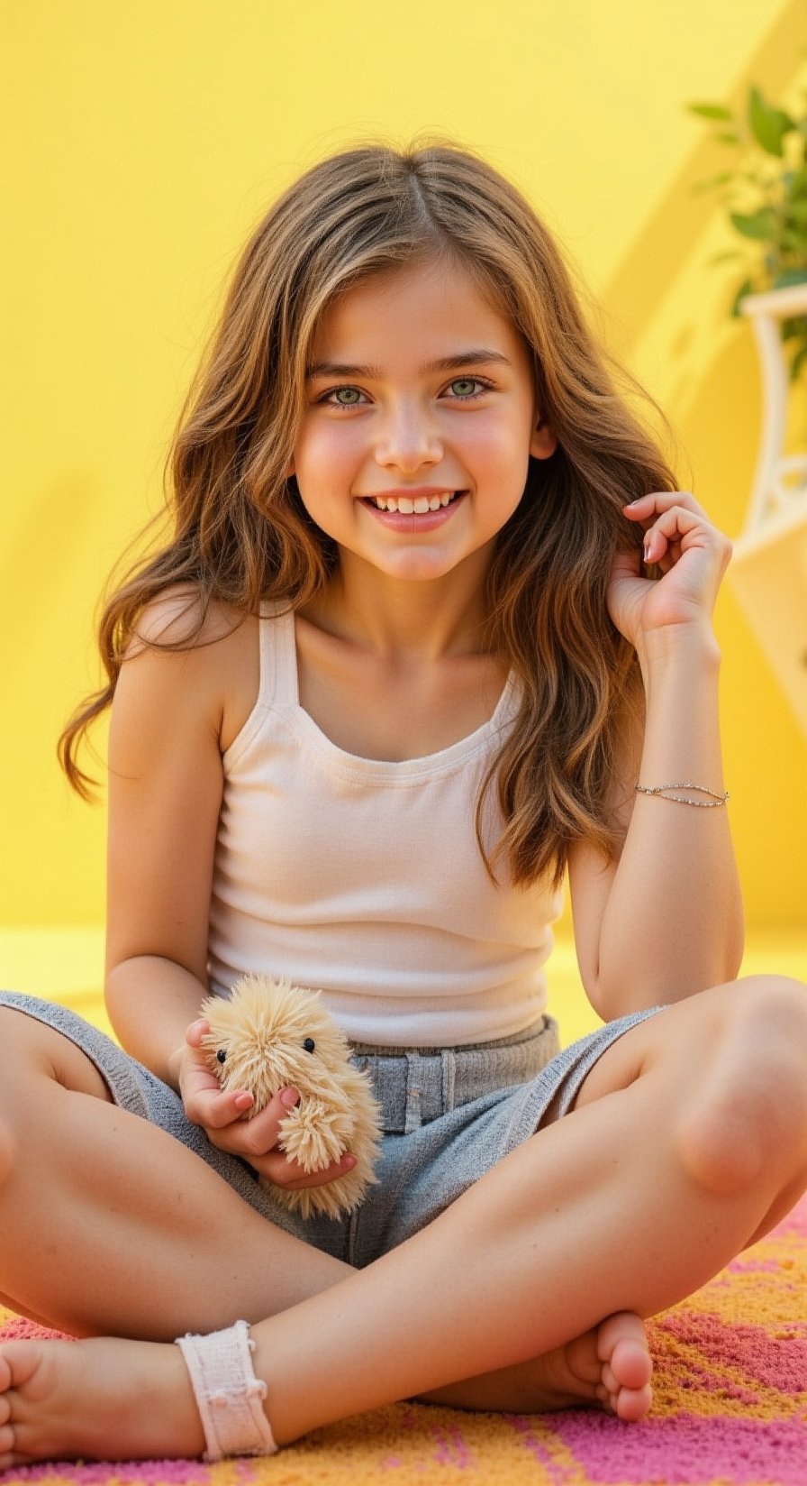 A tween girl posing playfully, her fitted clothing accentuating a cheeky charm. Framed against a bright, sunny background with soft, golden lighting casting a warm glow. She sits cross-legged on a colorful rug, one hand holding a stuffed animal, the other playing with her curly locks. A mischievous grin spreads across her face, and her eyes sparkle with youthful energy.