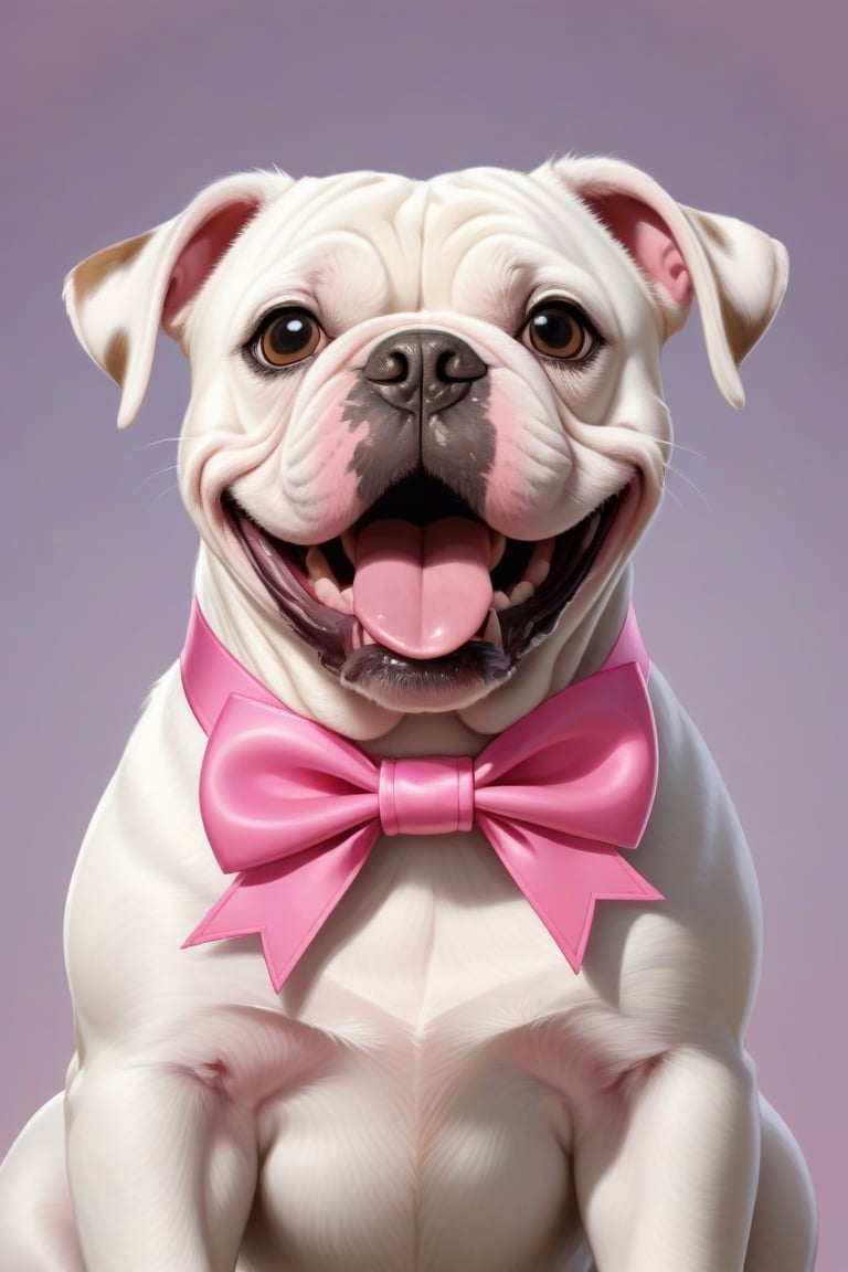 american bulldog, cute, tooth sticking out, wearing a pink ribbon, cartoon, realist,CuteCartoonAF,Cute Cartoon