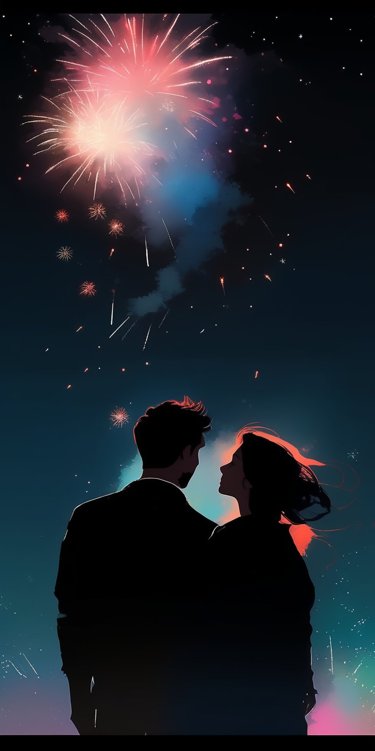 Happy Independence Day! (a couple wathcing fireworks exploding in the night sky by Conrad Roset, Nicola Samori), (purposefully beautiful:1.4), vibrant colors against a black night sky, cinematic character render, 