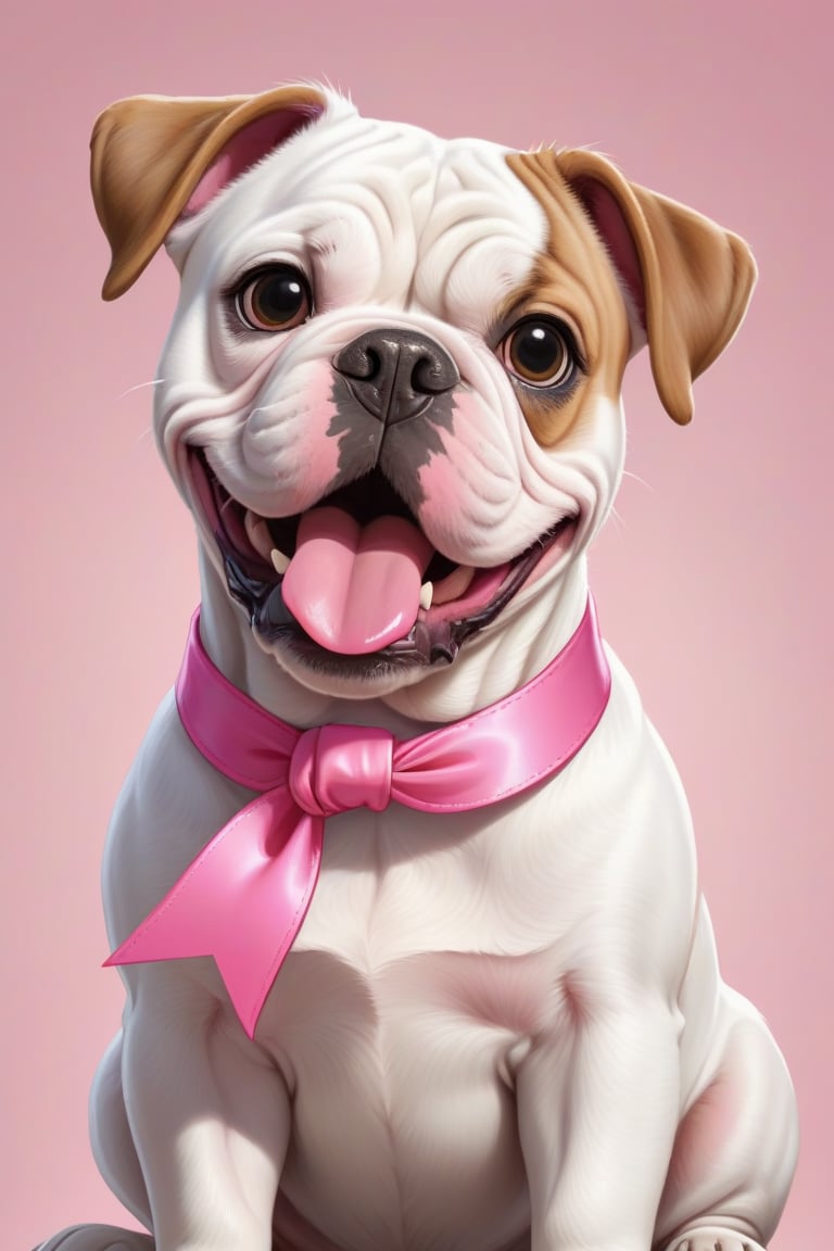 american bulldog, cute, tooth sticking out, wearing a pink ribbon, cartoon, realist,CuteCartoonAF,Cute Cartoon