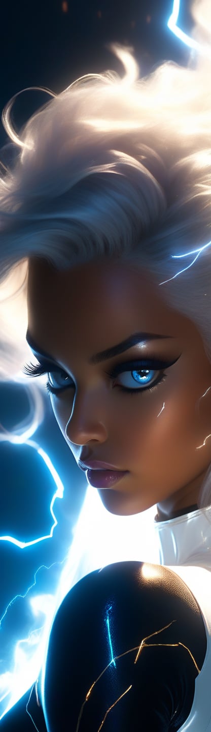 realistic beautiful young (Storm from the XMEN by Conrad Roset, Nicola Samori), (purposefully beautiful:1.4), (large eyes, white eyes), (cute face, long hair, white hair), (dark skin, superhero costume, black latex, lighting bolt earings), (blue electricity fills the air, light particles, lens flare:1.3), highly detailed, vibrant, production cinematic character render, ultra high quality model, (Full HD render + immense detail + dramatic lighting), (view from below:1.5),