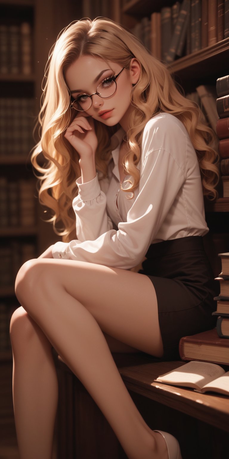 (score_9, score_8_up), score_7_up, side view, tiny, slender, beautiful librarian, sitting, posing, reading a book in the dark corner of the library, eye_glasses, extra long blonde wavy hair, (dark micro skirt:1.1), sexy legs, pov,