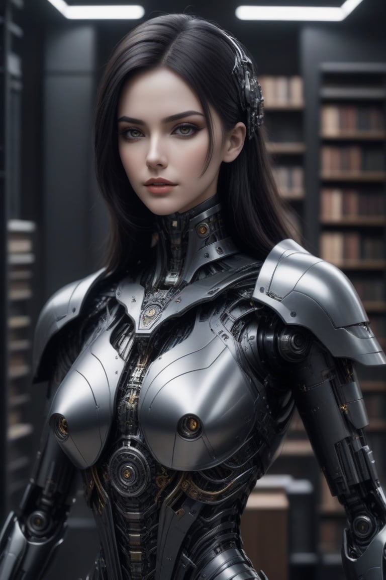 A close up of a woman standing front view, holy cyborg necromancer female body, detailed torso, black metal, inspired by James Paick, the librarian, humanoid robot, art station cover, symmetrical shoulders, matriarchy, transmetal ii, librarian, darkcore, UHD, simple, beautiful detail, centered, 8k.