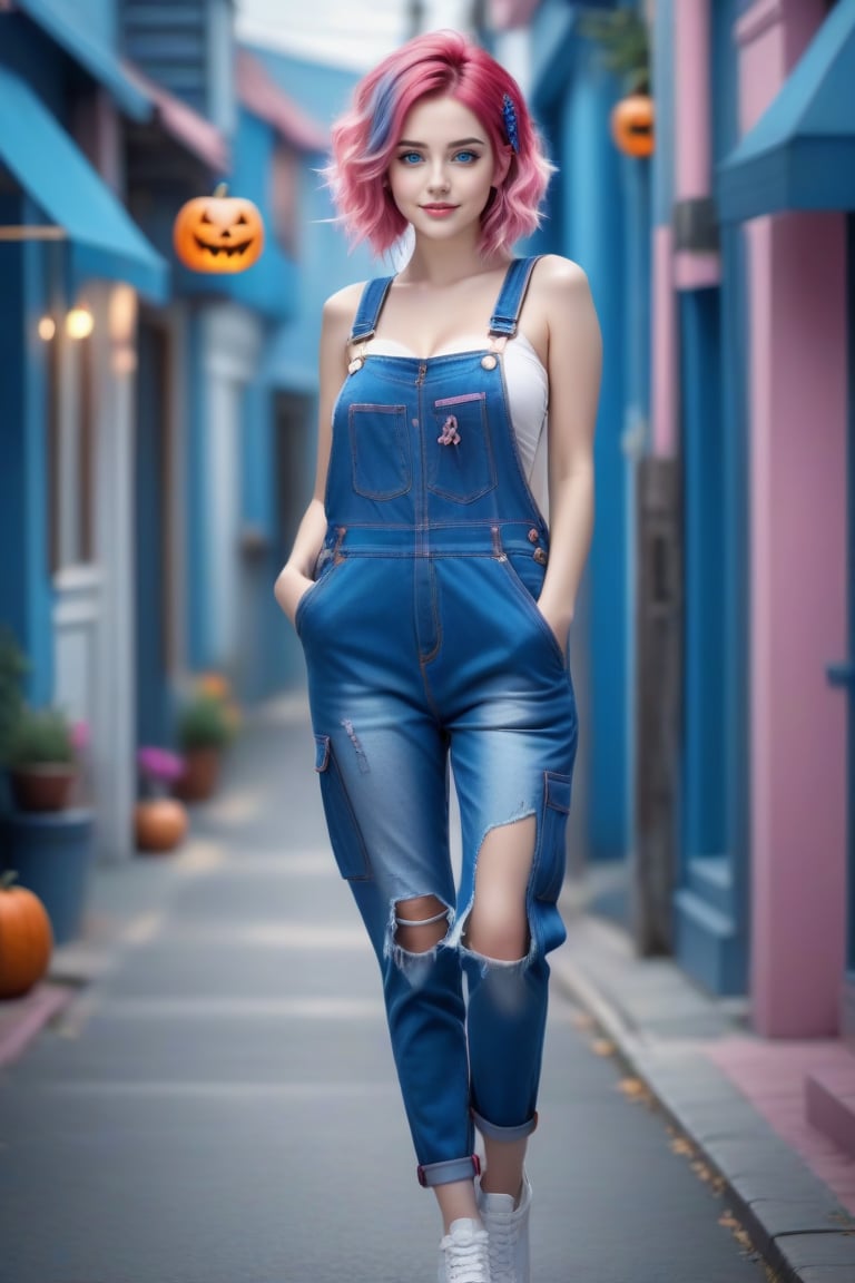 (A woman with pink and blue hair appears standing on the street: 1.4), (she is wearing overalls with beautiful stitching in her pockets, blue denim overalls torn at the knees: 1.2), (The movie camera captures the entire her beauty), (small and short index fingers in golden ratio: 1.4), (beautiful and perfect hands of divine proportion, little index finger: 1.4): (Full body image of a teenager: 1.4), (with hair colors bright pink and blue: 1.4), (pink hair, bright blue: 1.4), Stunning 3D fantasy rendering, smile, (blue eyes: 1.4), (pale white skin: 1.4), (A beautiful young woman dressed to celebrate Halloween , every detail is captured with astonishing realism, the beautiful young woman is the protagonist of a Hollywood movie), (1 teenager: 1.4), (beautiful blue eyes: 1.4), glamorous two-tone hairstyle, forbidden beauty, hyperreal , nice flutter. aesthetic and detailed human. , curly hair, exceptionally beautiful, dating app with icons, high quality and high level of detail, hyper-realistic, sharp focus, natural lighting with subsurface scattering. f/2 aperture, 35mm focal length, film grain. High quality image and great detail, 8k resolution