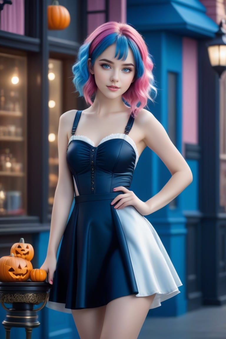 (The movie camera captures all her beauty), (Full body image of a teenage girl: 1.4), (with bright pink and blue hair: 1.4), (pink, bright blue hair: 1.4), (her hands are perfect and beautiful: 1.4) Stunning fantasy 3D rendering, smile, (blue eyes: 1.4), (pale white skin: 1.4), (A beautiful young woman dressed to celebrate Halloween, every detail is captured with astonishing realism , the beautiful young woman is the protagonist of a Hollywood movie), (1 teen girl: 1.4), (beautiful blue eyes: 1.4), glamorous two-tone hairstyle, forbidden beauty, hyperreal, cute flutter aesthetic, detailed human, hair curly, exceptionally beautiful, dating app with icons, high quality and high level of detail, hyper-realistic, sharp focus, natural lighting with subsurface scattering. f/2 aperture, 35mm focal length, film grain. High quality image and great detail, 8k resolution.