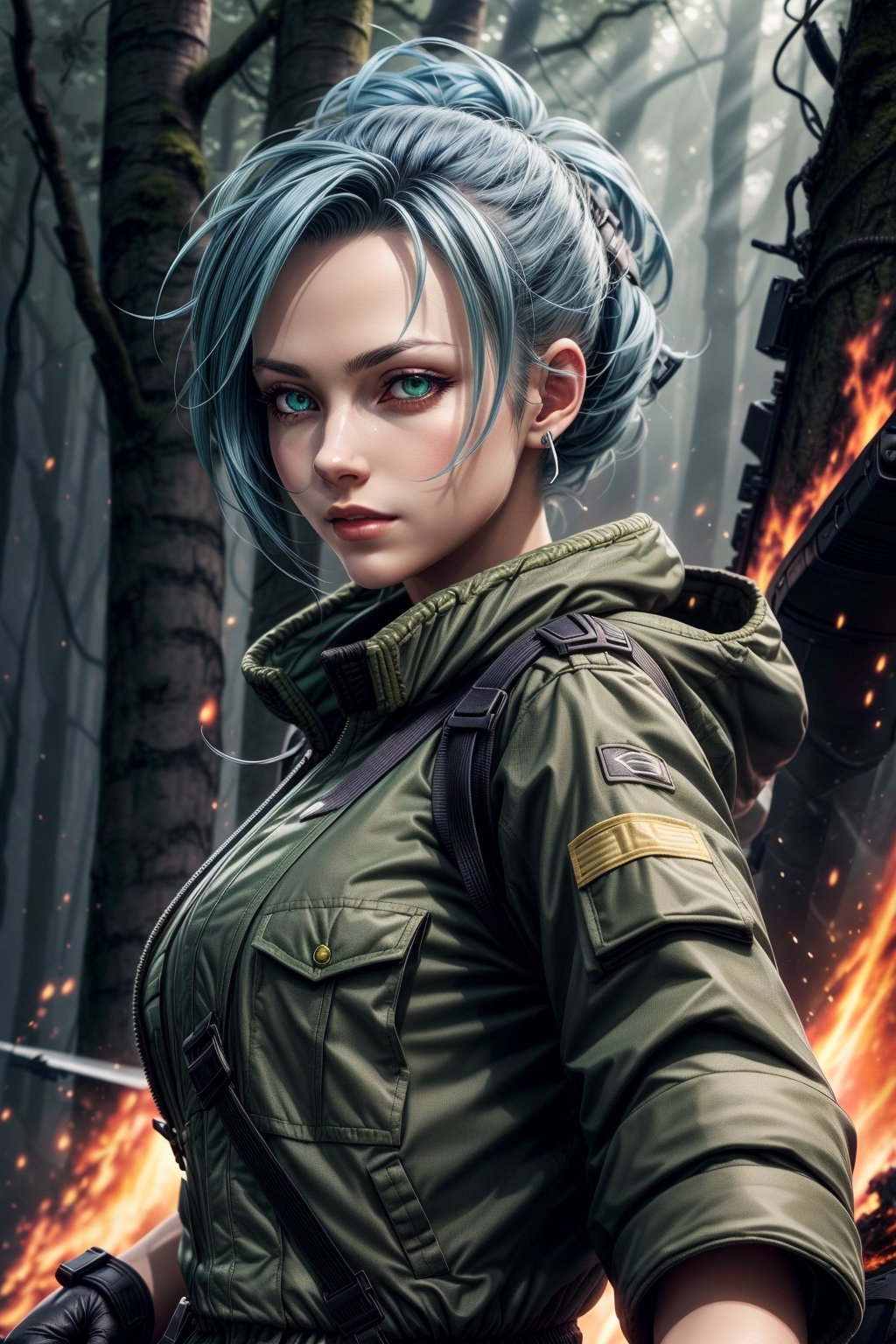 clearire1,female_soldier,gloves,blue_hair,green_short_jacket,green_short,forest,1girl,More Detail,king_of_fighters,,bomber plane,fire,dire,
,More Detail, 1girl,detailed_face,detailed_hair,detailed_eyes,full_body