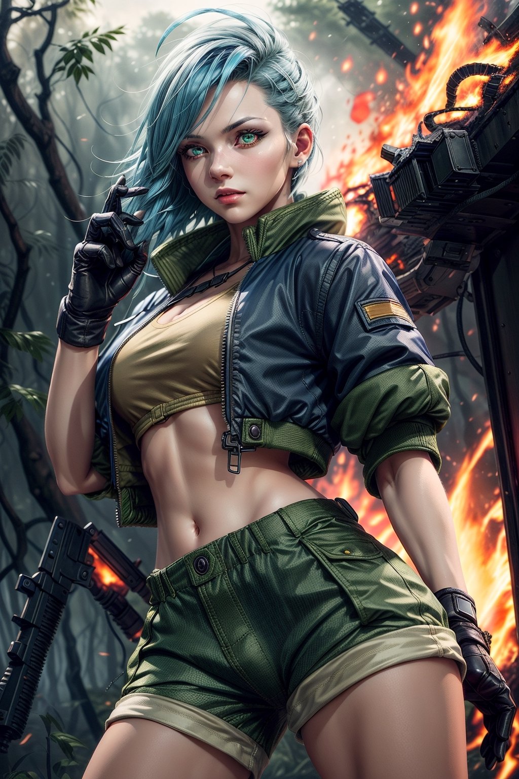 clearire1,female_soldier,gloves,blue_hair,green_short_jacket,green_short,forest,1girl,More Detail,king_of_fighters,,bomber plane,fire,dire,
,More Detail, 1girl,detailed_face,detailed_hair,detailed_eyes,full_body,BOTTOM VIEW