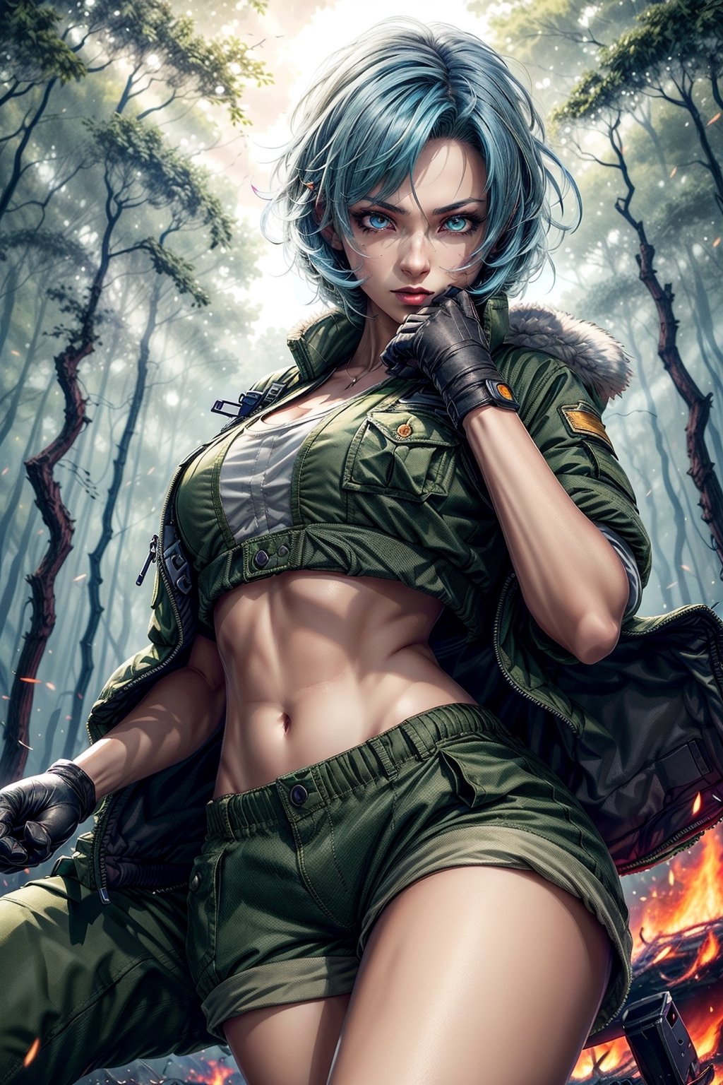 clearire1,female_soldier,gloves,blue_hair,green_short_jacket,green_short,forest,1girl,More Detail,king_of_fighters,,bomber plane,fire,dire,
,More Detail, 1girl,detailed_face,detailed_hair,detailed_eyes,full_body,BOTTOM VIEW