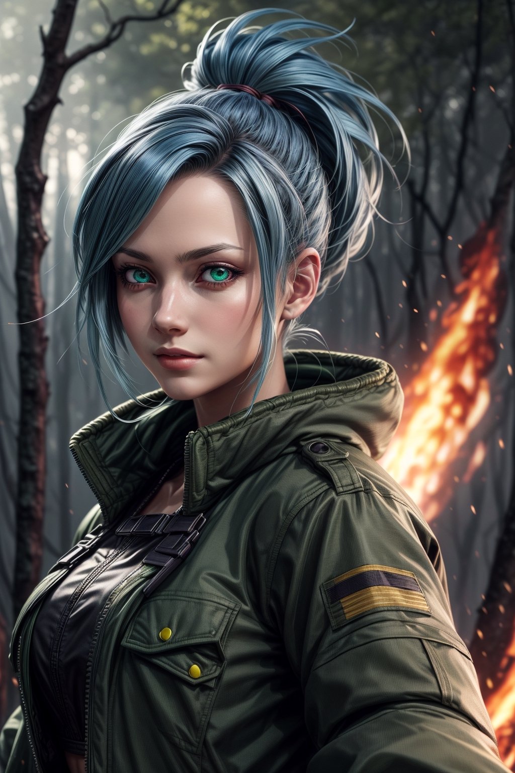 clearire1,female_soldier,gloves,blue_hair,green_short_jacket,green_short,forest,1girl,More Detail,king_of_fighters,,bomber plane,fire,dire,
,More Detail, 1girl,detailed_face,detailed_hair,detailed_eyes,full_body