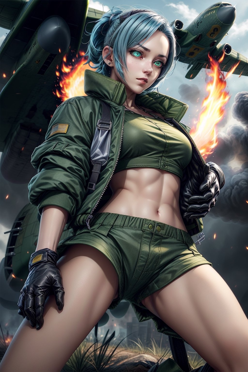 clearire1,female_soldier,gloves,blue_hair,green_short_jacket,green_short,forest,1girl,More Detail,king_of_fighters,,bomber plane,fire,dire,
,More Detail, 1girl,detailed_face,detailed_hair,detailed_eyes,full_body,BOTTOM VIEW