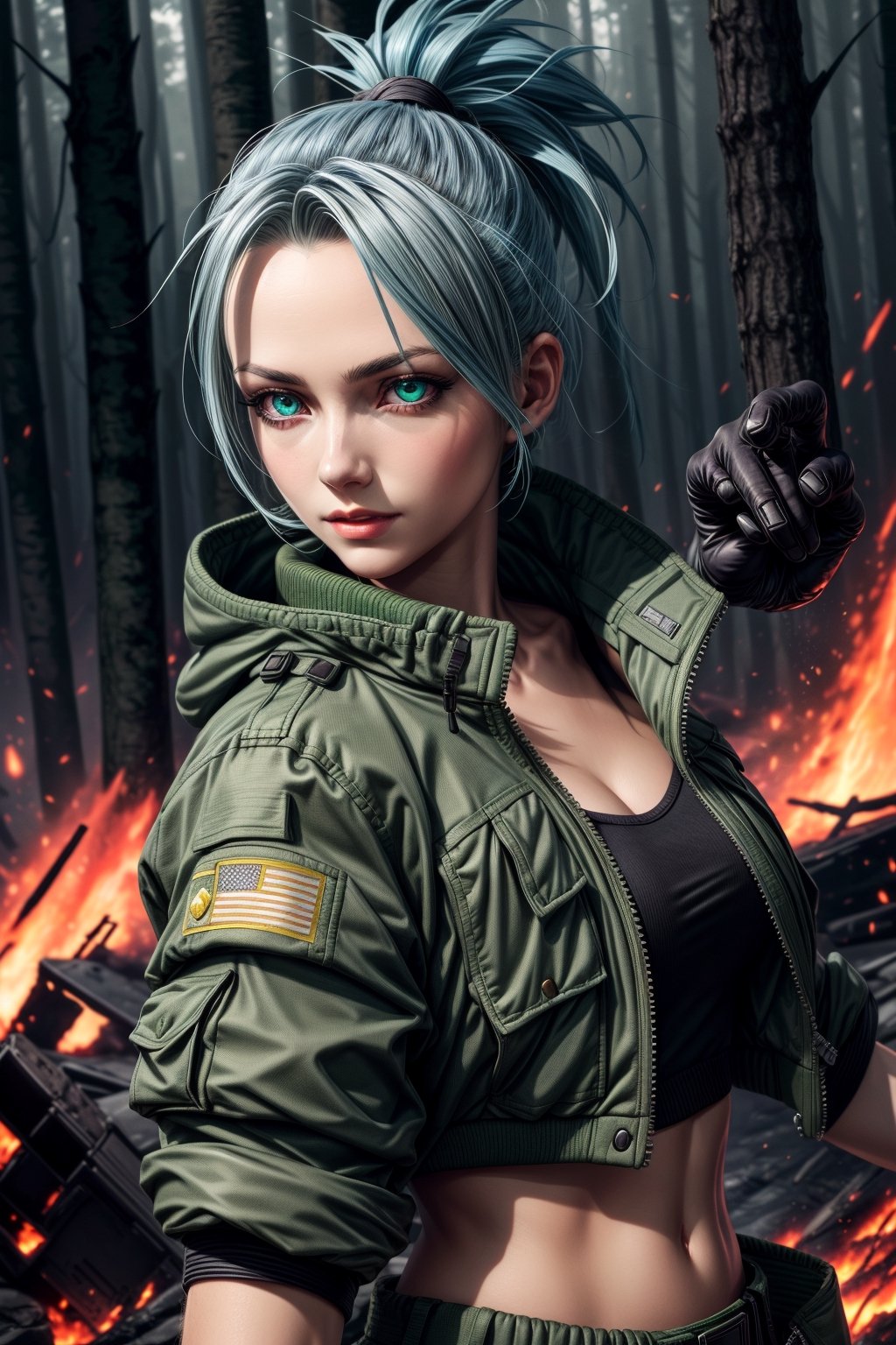 clearire1,female_soldier,gloves,blue_hair,green_short_jacket,green_short,forest,1girl,More Detail,king_of_fighters,,bomber plane,fire,dire,
,More Detail, 1girl,detailed_face,detailed_hair,detailed_eyes,full_body