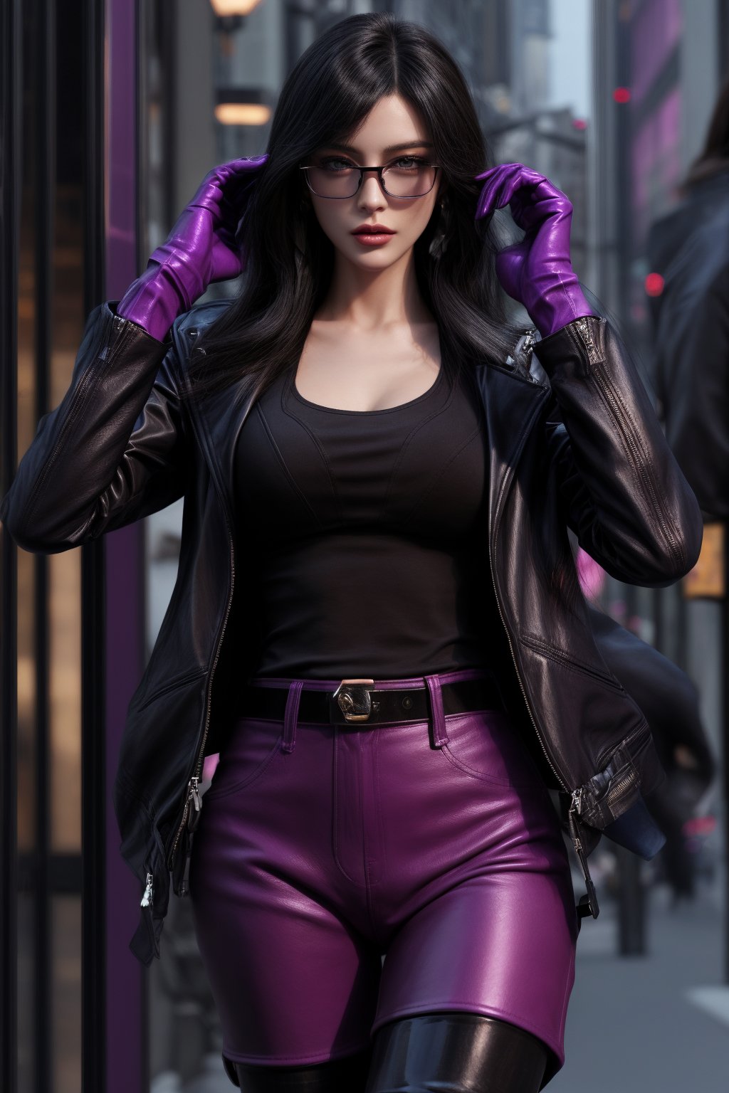 KafkaOutfit,SHIRT,black  jacket,Purple gloves,yelandef,1 girls,female_angent,jacket,black_hair,shiny skin,ultra detailed,perfect face, detailed face,full_body,wraist,detailed_background,fullbody,highquality,street,glasses,leather skirt,night,purple_aura,Side view