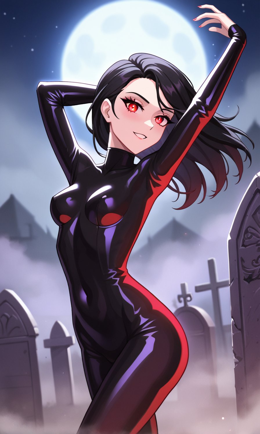 A slim pale vampiric woman with long jet black hair and red eyes,  wearing a black latex bodysuit,  dancing seductively in...