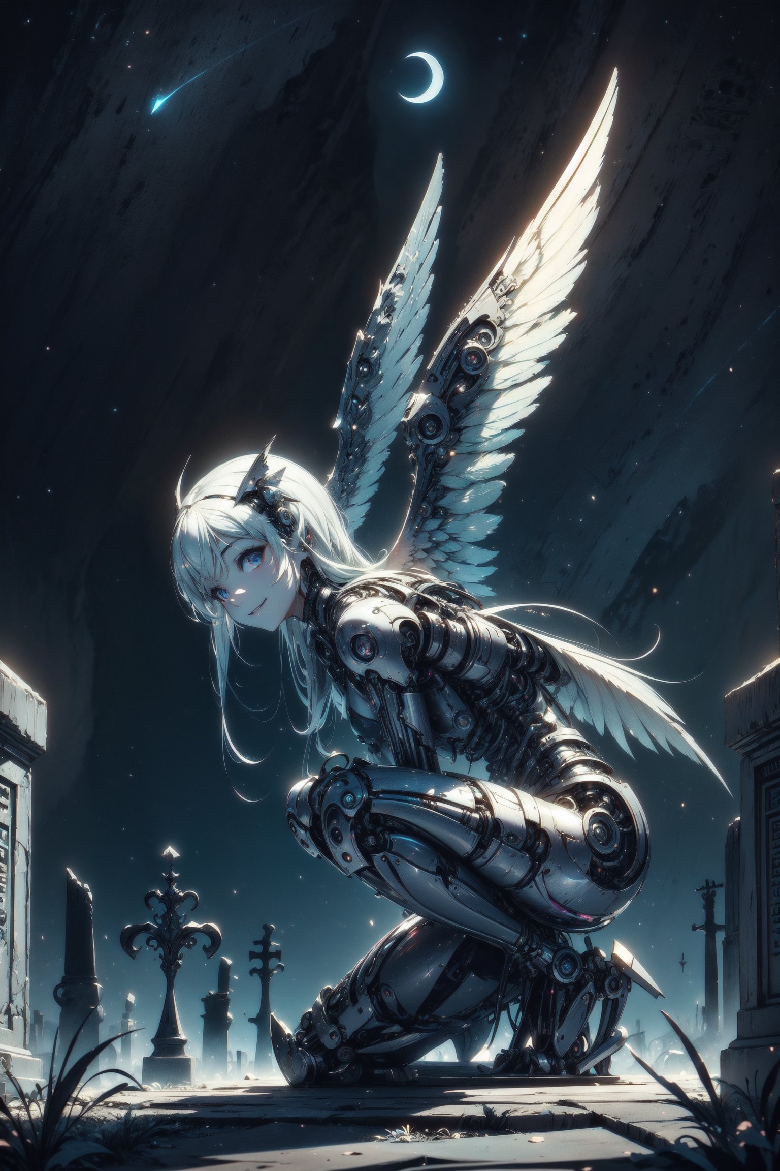 A tiny petite cyborg angel glows with a bright white light, with her metallic wings spread wide, crouching atop a weathered gravestone in a Gothic graveyard at dusk. She looks directly at the viewer, smiling slightly.  The night sky above is a deep shade of indigo, punctuated by stars and a crescent moon. High-contrast lighting highlights the girl's mechanical features and the intricate carvings on the tombstone. The camera captures her full body from a dynamic angle, emphasizing her delicate form against the ominous backdrop.