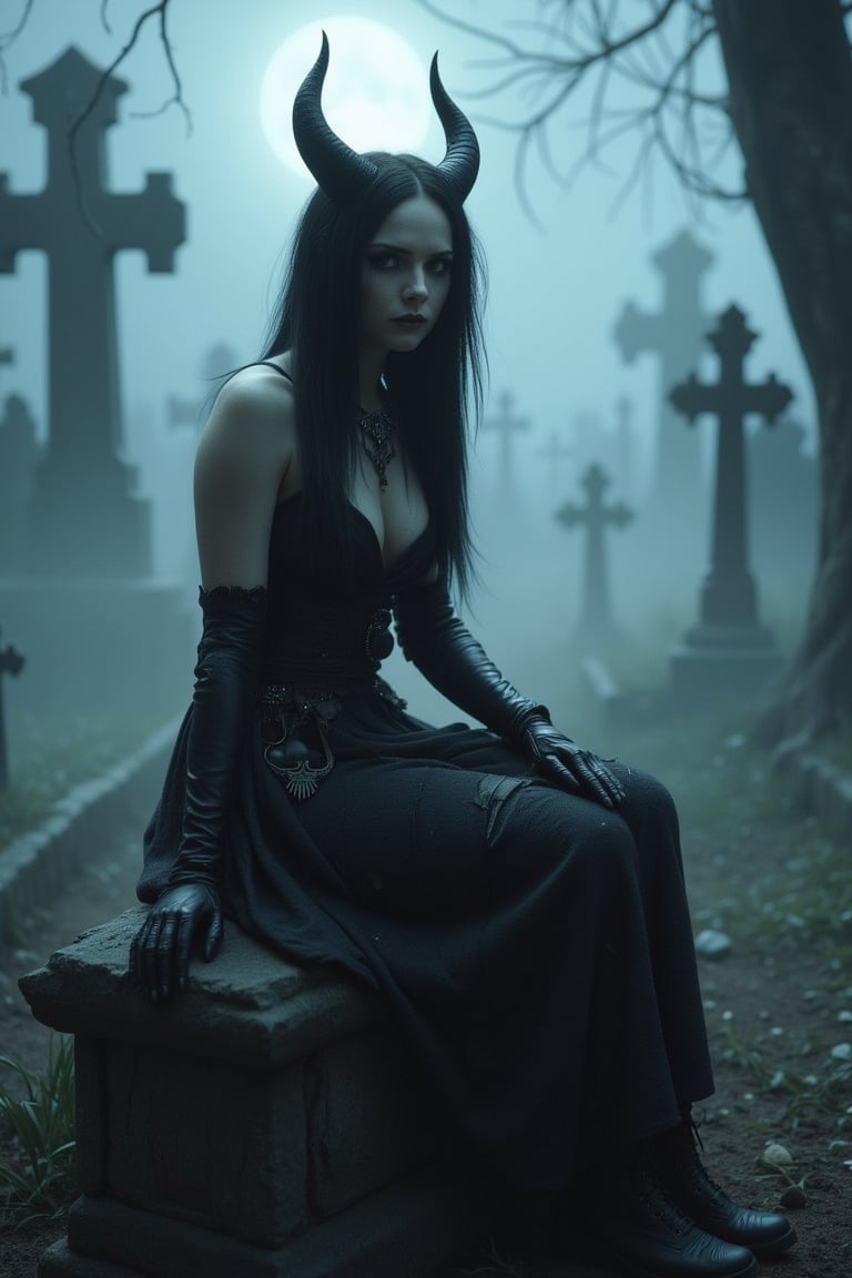 A mystical succubus, with small hands, black horns, clad in leather gloves and 19th-century finery, sits on a large ancient tombstone amidst a mist-shrouded gothic graveyard. Her mischievous grin and punk-inspired flair - ragged lines on velvet-smooth skin, chunky jewelry on delicate features - mingle with grunge's edgy grit. Shadows dance beneath the moonlit crosses, casting an eerie glow upon her dark fantasy-inspired attire. The air is thick with mystery as she presides over this twilight realm, where film noir and dark magic converge.