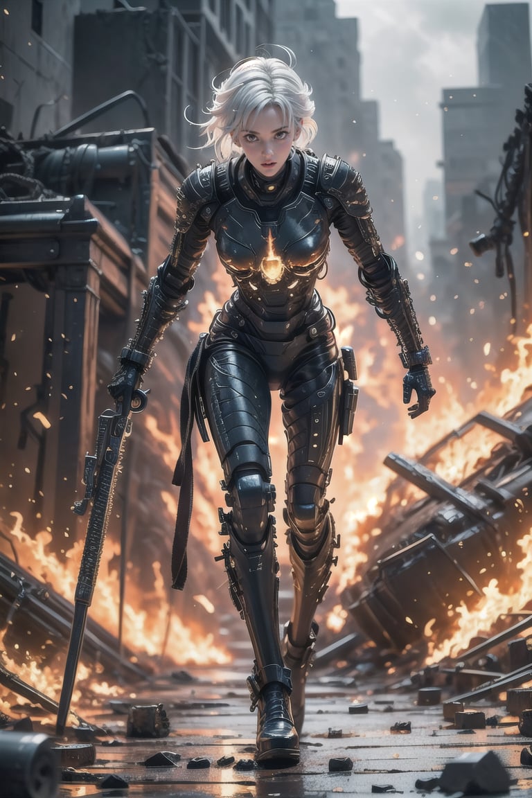 Captured in mid-stride, a lone figure emerges from the smoldering ruins: a slender young female cyborg with piercing blue eyes and striking white hair, clad in a futuristic black and red battle suit. The desolate alien battlefield stretches behind her, littered with twisted metal and shattered debris. Her gaze is fixed ahead, eyes blazing with determination as she surveys the devastation.,ghostrider