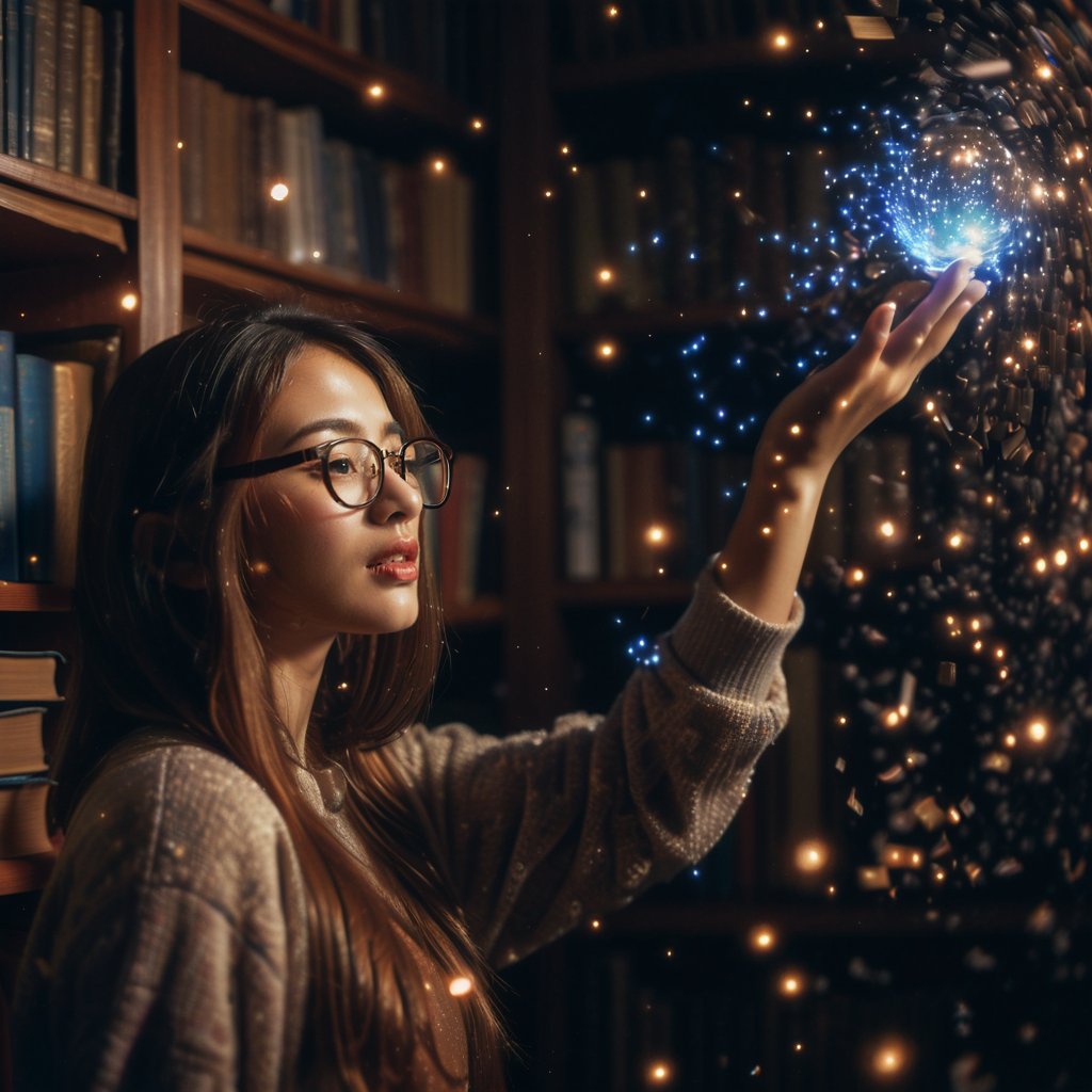 Realistic 16K photography of 1girl wearing glasses, reaching books from bookshelf. Each book glowing blue particles; books causing the particles to scatter lightly in the air. illuminated by film grain, realistic skin, dramatic lighting, soft lighting, exaggerated perspective of ((fisheye lens depth)),Analog signal glitch art style, color mosaic,