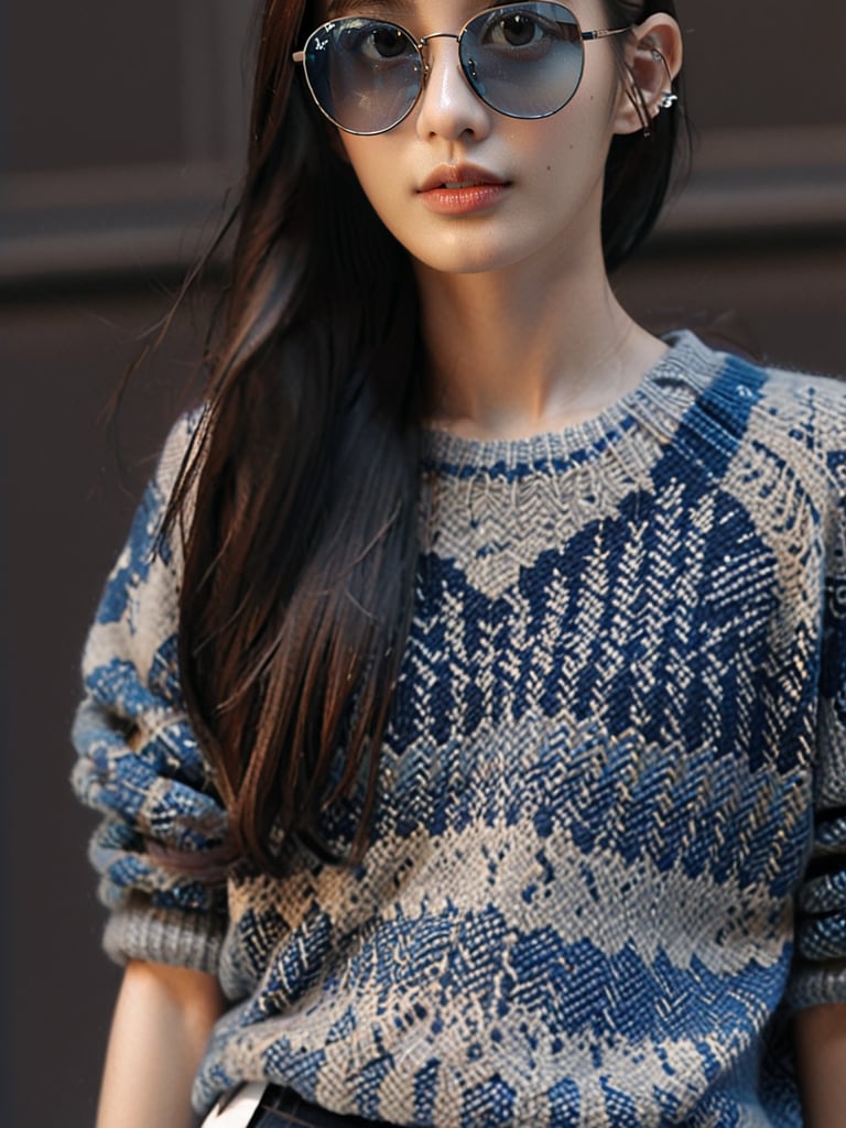 Realistic 8K resolution photography of 1girl, wearing a blue and gray sweater, a black pleated skirt, and Ray-Ban sunglasses, was walking on the street in the city center.
break,
1girl, Exquisitely perfect symmetric very gorgeous face, Exquisite delicate crystal clear skin, Detailed beautiful delicate eyes, perfect slim body shape, slender and beautiful fingers, legs, perfect hands, legs, illuminated by film grain, realistic skin, dramatic lighting, soft lighting,((wide angle lens depth)), Extremely details,