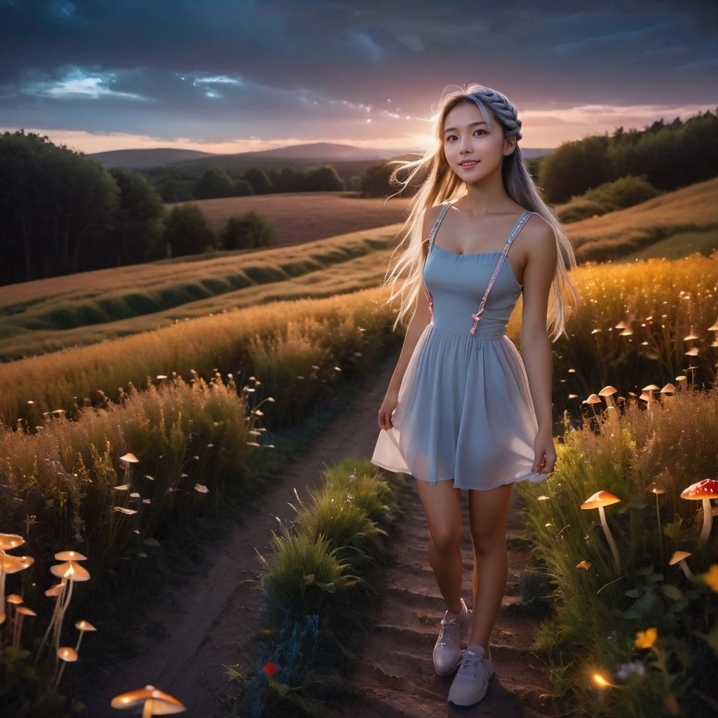 (1 girl), close shot, look side, photo-realistic depiction of heartwarming and cheerful scene of a cute character joyfully girl, dancing in a field of glowing mushroom, windy, Twilight, dark theme, night time, shooting star, cloudy sky, red and blue shadow sky, diffused lighting, RAW photo, symmetry photo, epic scale, sharp focus, fish-eye lens, wide-angle lens, insane details, 
break 
(1 girl, medium long hair, braid hair, silver hair, athletic slim body, perfect body shape), fashion colorful dress, toplessness,