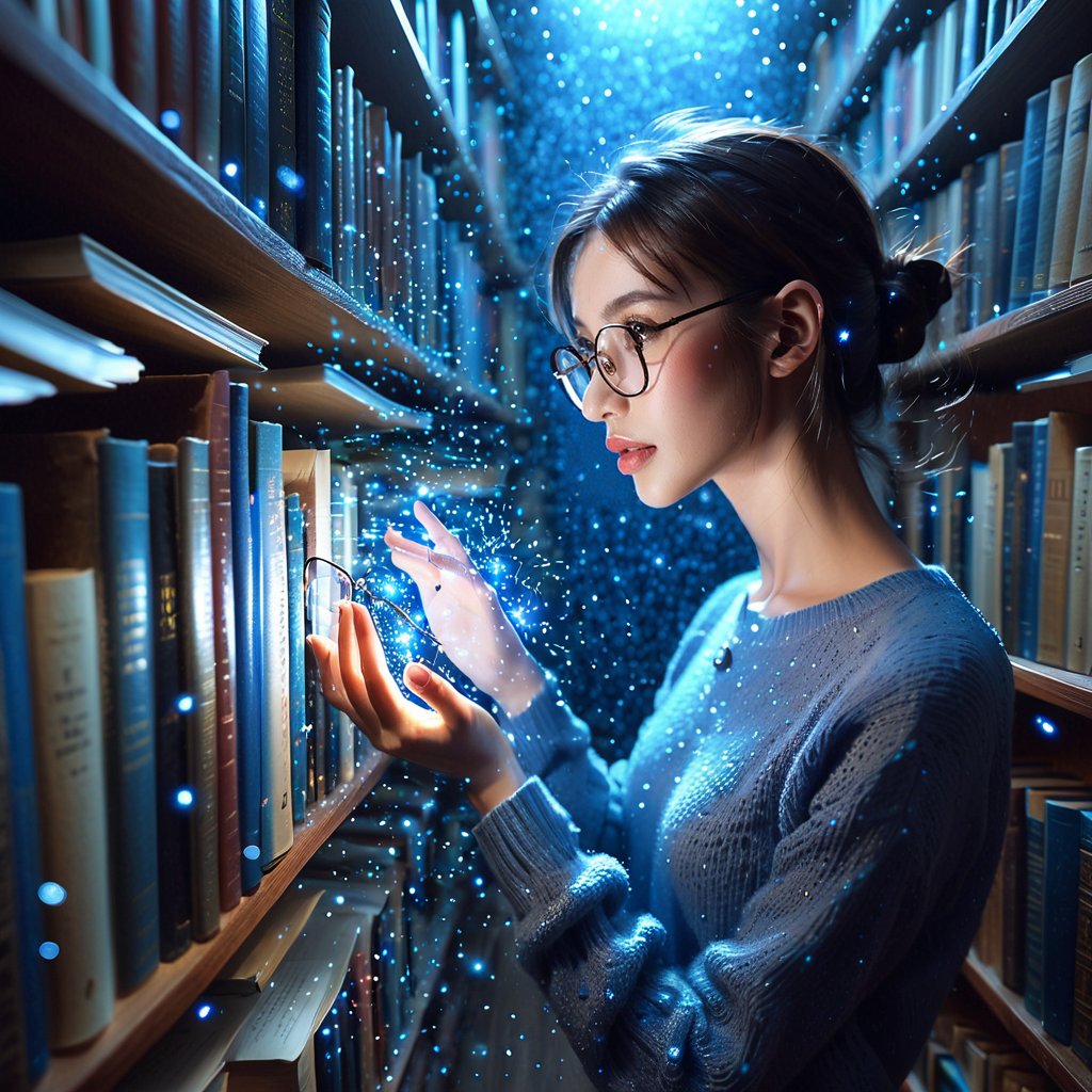 Realistic 16K photography of 1girl wearing glasses, reaching books from bookshelf. Each book glowing blue particles; books causing the particles to scatter lightly in the air. 
break, 
1 girl, Exquisitely perfect symmetric very gorgeous face, Exquisite delicate crystal clear skin, Detailed beautiful delicate eyes, perfect slim body shape, slender and beautiful fingers, legs, perfect hands, legs, illuminated by film grain, realistic style, realistic skin texture, dramatic lighting, soft lighting, exaggerated perspective of ((Wide-angle lens depth)),