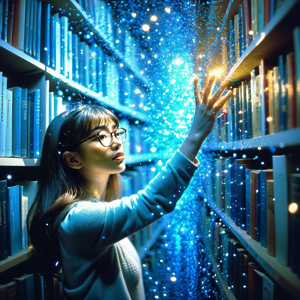 Realistic 16K photography of 1girl wearing glasses, reaching books from bookshelf. Each book glowing blue particles; books causing the particles to scatter lightly in the air. illuminated by film grain, realistic skin, dramatic lighting, soft lighting, exaggerated perspective of ((fisheye lens depth)),Analog signal glitch art style, color mosaic,