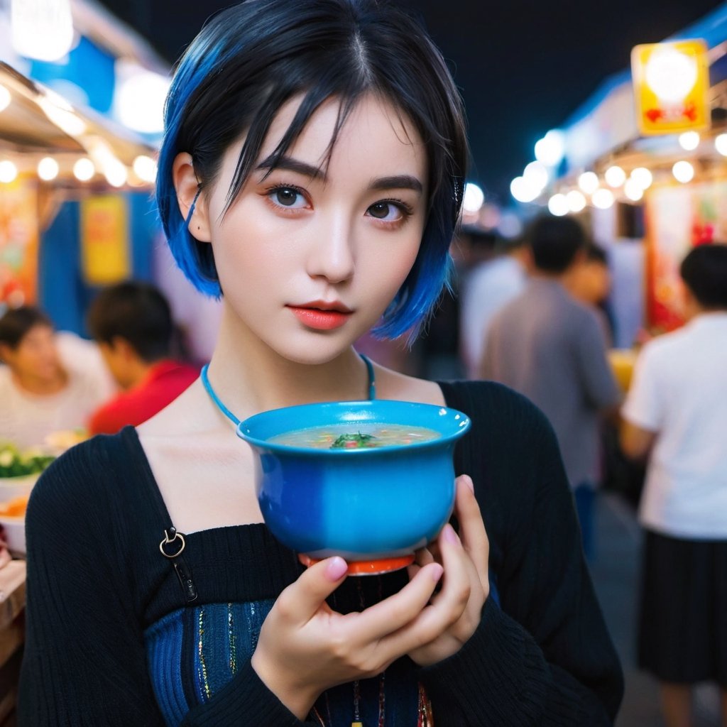 photo-realistic depiction of a beautiful drinking hot soup at  nightmarket vendor, Exquisitely perfect symmetric very gorgeous face, medium short hair, braid hair, blue hair, multicolors hair, dressing fashion outfit, dark theme, night time, dressing tight fashion outfit, diffused lighting, RAW photo, symmetry photo, epic scale, sharp focus, wide-angle lens, insane details, 
break ,
(1 girl, medium short hair, braid hair, blue hair, multicolors hair, Exquisitely perfect symmetric very gorgeous face, perfect breasts, Exquisite delicate crystal clear skin, collarbone, Detailed beautiful delicate eyes, perfect slim body shape, slender and beautiful fingers:0.7,nice hands, perfect hands,), black pleated skirt, black suite, fashion colorful dress, toplessness,