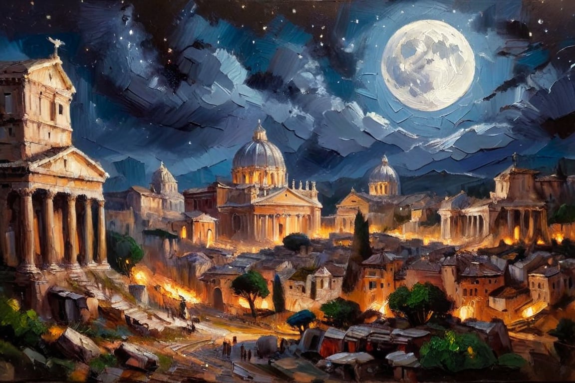 Painting of central ancient Rome at first century. Original buildings. Moon night.  oil painting,  palette knife painting