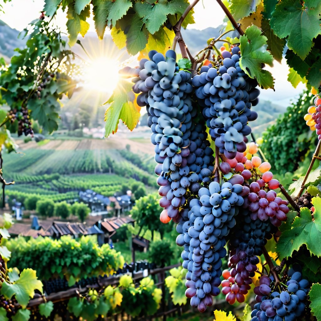 Beautiful grape fruits on branches, at mediterranian vineyard. Morning golden rays among trees, summer, vineyard background, uhd,more detail XL,very detail,focus,serene, misty, very Realistic,beautiful eyes,shot from hasselblad camera