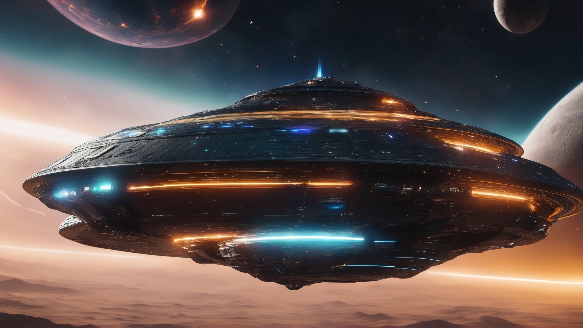(((Masterpiece))),  Alien Spaceship flying in galactic space with speed of light,  dark background by Widi on Tensor.Art