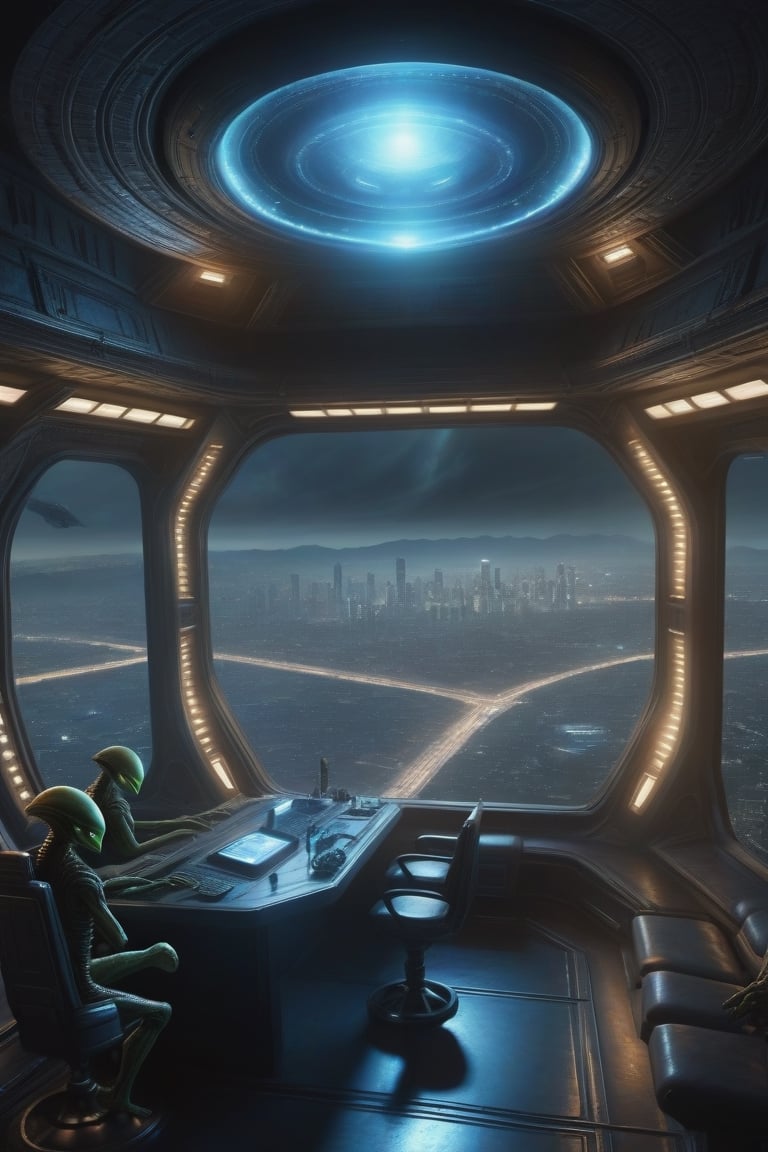 aliens within a mothership looking down to a city below,  alien screens and tools along the walls,  realistic by Widi on T...