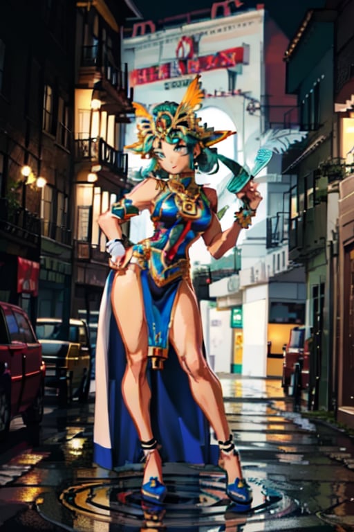 Lucia's outfit draws inspiration from traditional Brazilian Carnival costumes. She wears vibrant feathers and flowing fabrics. Brazilian, Olive skin, 