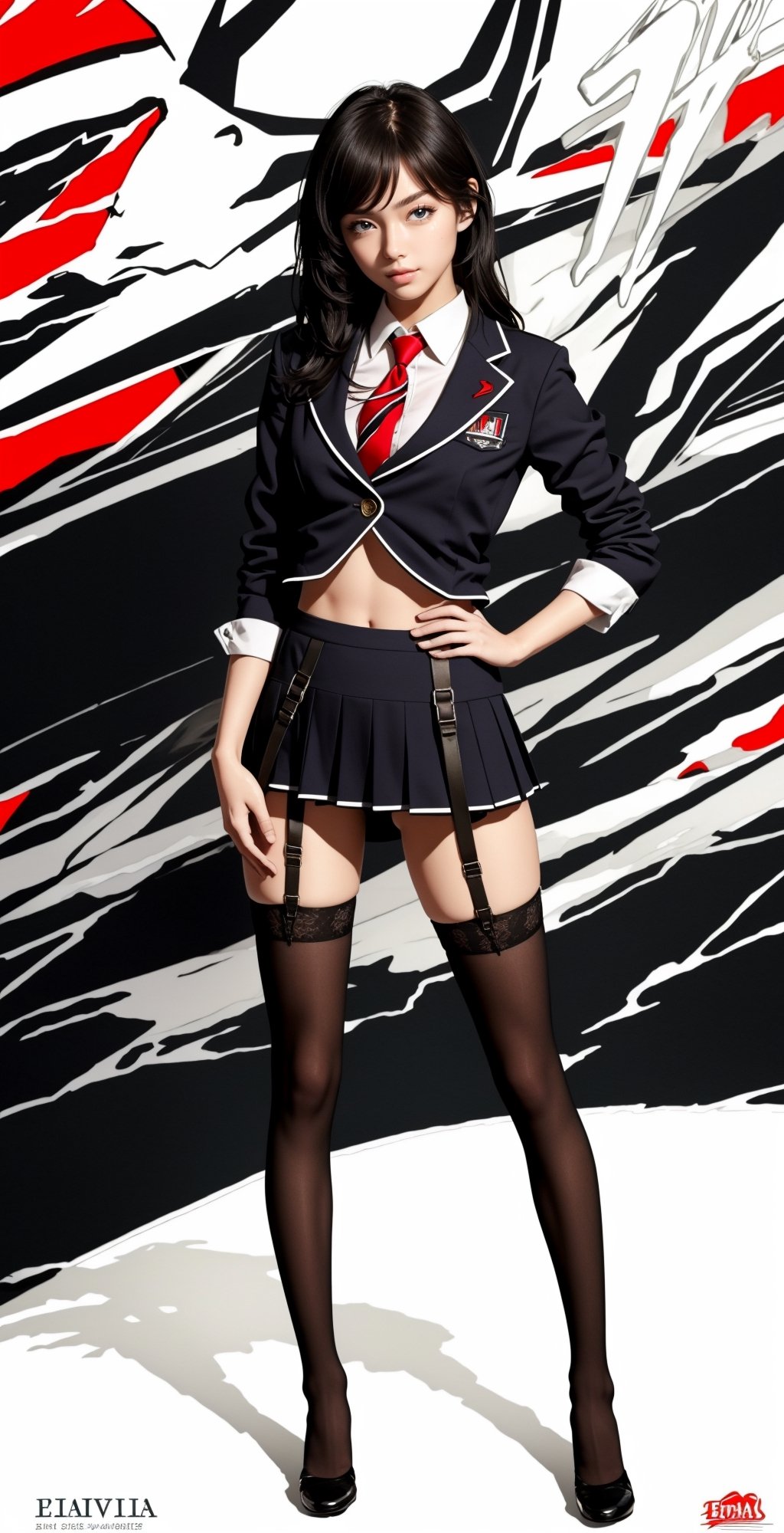 (best quality, masterpiece)1girl,chool uniform, sharp eyes, looking at viewer, hand on hip, garter belt, stockings, black hair, medium hair, medium breasts, standing,nice hands, perfect hands ,Persona Cut In