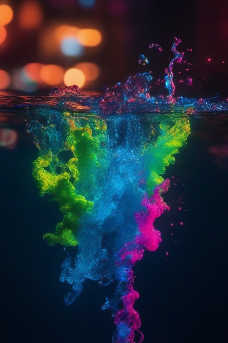 The colorful fluorescent ink disperses in the water., cinematic shot + dynamic composition, incredibly detailed, sharpen, details + intricate detail + professional lighting, film lighting + 35mm + anamorphic + lightroom + cinematography + bokeh + lens flare + film grain + HDR10 + 8K + Roger Deakins, ((cinematic))