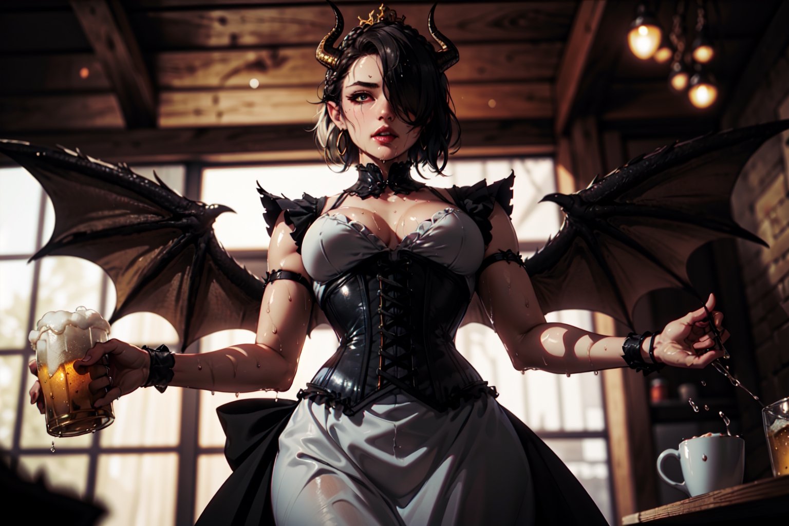 1girl, (one eye covered), ahoge, pose, crown braid, short hair, tavern, medieval tavern, beer, mugs, wooden floor, (from below:1.3), (depth of field, blurry foreground, blurry background:1.3), dark lighting, volumetric lighting, sun beam, glowing particles, light particles, dimmed lighting, (maid clothing), fur trim, black accent, golden accessories, hoop earrings, (intricate details), sweat, wet, wet hair, disheveled hair, corset, horns, (dragon tail), (dragon wings), (matching wings:1.3)